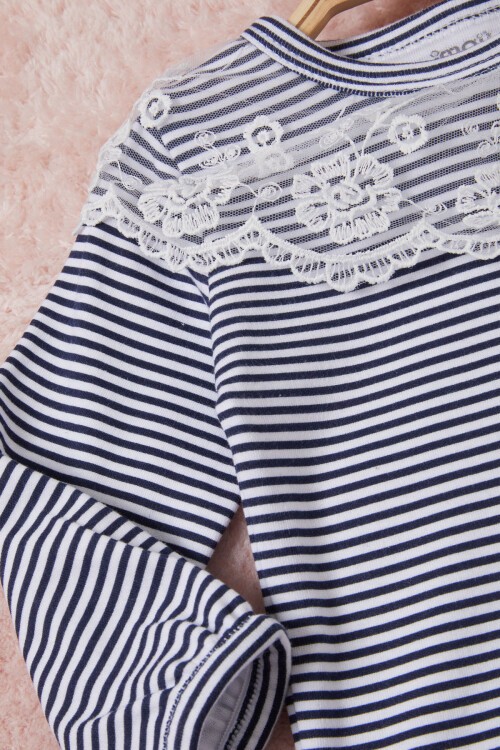 Lacivert Kız Bebek Dantel Yakalı Uzun Kol Çıtçıtlı Badi 16836