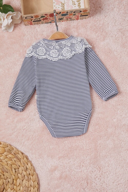 Lacivert Kız Bebek Dantel Yakalı Uzun Kol Çıtçıtlı Badi 16836