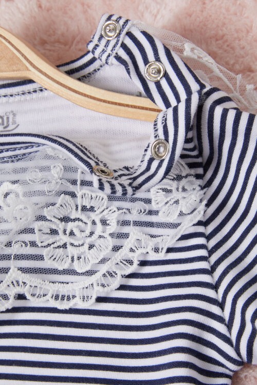 Lacivert Kız Bebek Dantel Yakalı Uzun Kol Çıtçıtlı Badi 16836