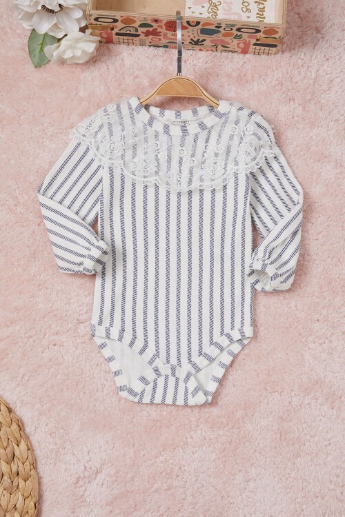 Lacivert Kız Bebek Dantel Yakalı Uzun Kol Çıtçıtlı Badi 16837