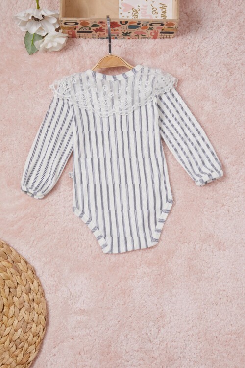 Lacivert Kız Bebek Dantel Yakalı Uzun Kol Çıtçıtlı Badi 16837