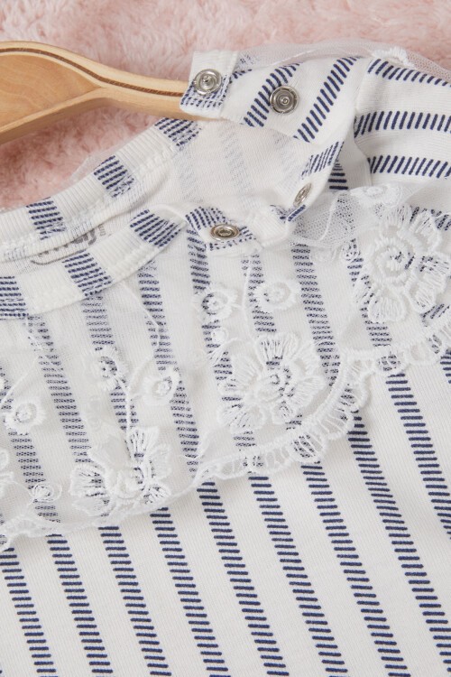 Lacivert Kız Bebek Dantel Yakalı Uzun Kol Çıtçıtlı Badi 16837