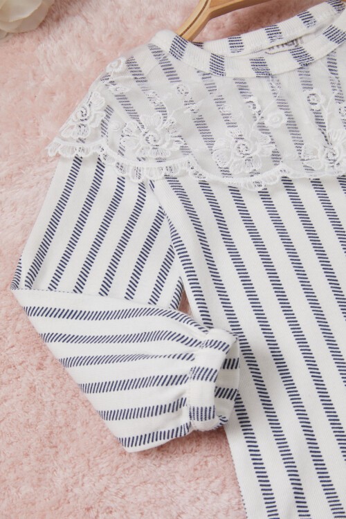 Lacivert Kız Bebek Dantel Yakalı Uzun Kol Çıtçıtlı Badi 16837