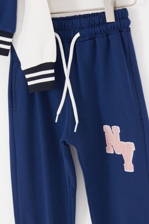 Lacivert NY Nakışlı Sırt Baskılı Kız Çocuk Kolej Eşofman Takımı 16935