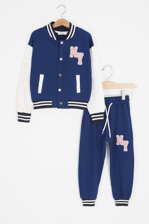 Lacivert NY Nakışlı Sırt Baskılı Kız Kolej Eşofman Takımı 17006