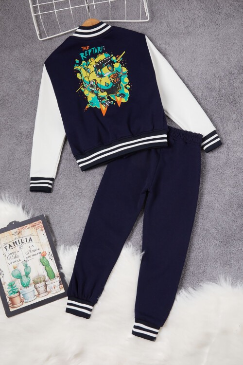 Lacivert Sırtı Baskılı Şardonlu Erkek Çocuk Kolej Eşofman Takımı 17100