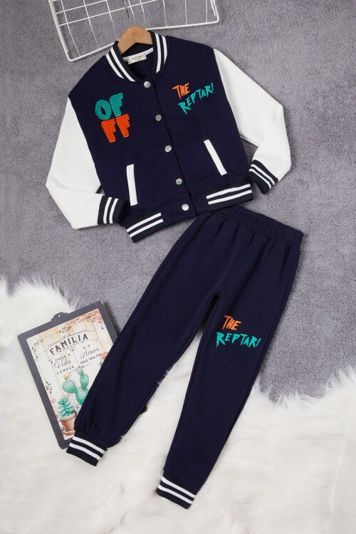 Lacivert Sırtı Baskılı Şardonlu Erkek Çocuk Kolej Eşofman Takımı 17100
