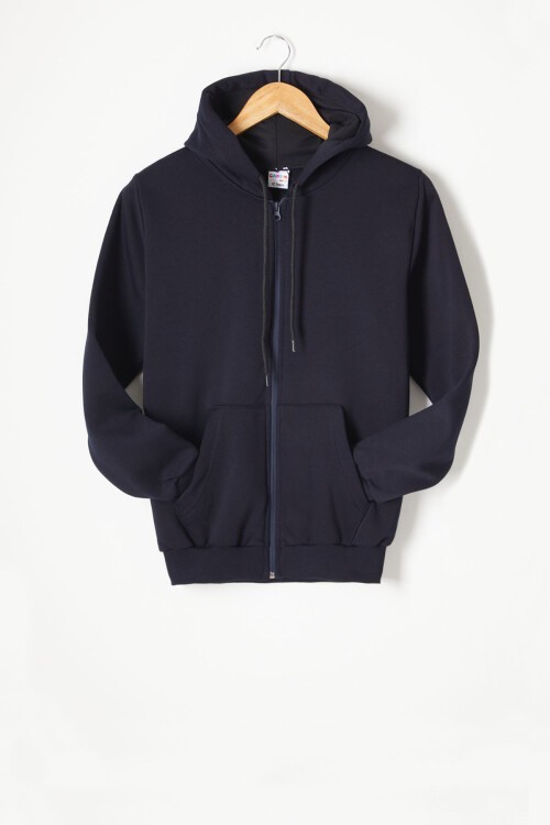 Lacivert Üç İplik Şardonlu Kapüşonlu Çocuk Hırka 16766