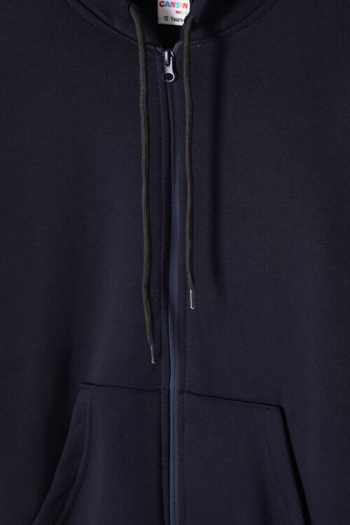 Lacivert Üç İplik Şardonlu Kapüşonlu Çocuk Hırka 16766