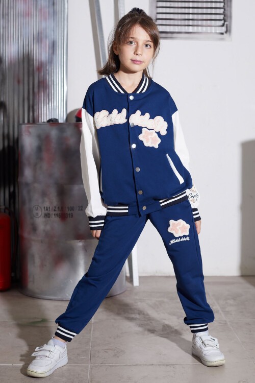 Lacivert Yıldız Nakışlı Kolej Ceketli Kız Çocuk Eşofman Takımı 16940
