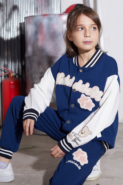 Lacivert Yıldız Nakışlı Kolej Ceketli Kız Çocuk Eşofman Takımı 16940