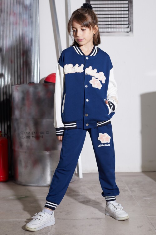 Lacivert Yıldız Nakışlı Kolej Ceketli Kız Çocuk Eşofman Takımı 16940
