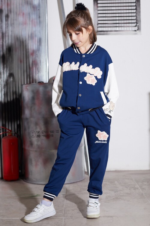 Lacivert Yıldız Nakışlı Kolej Ceketli Kız Çocuk Eşofman Takımı 16940