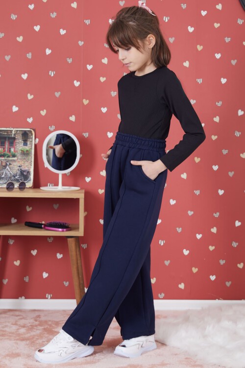 Lacivert Yırtmaçlı Kız Çocuk Şardonlu Eşofman Altı 17266