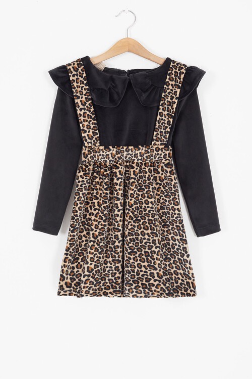 Leopar Desenli Volanlı Çocuk Kadife Salopet Elbise 16908
