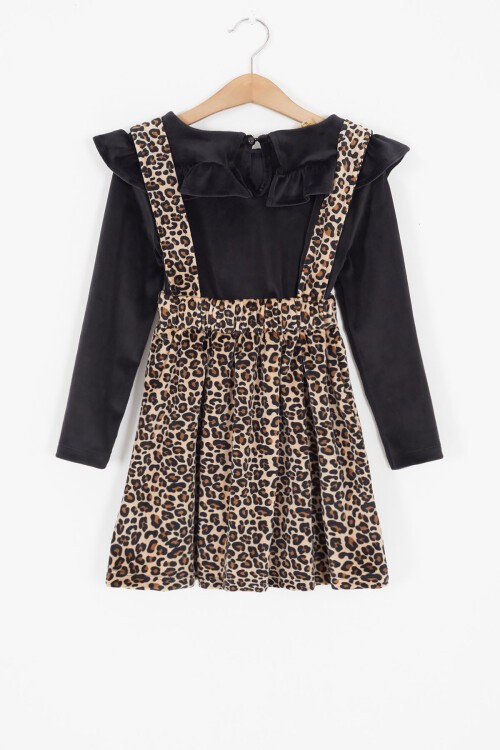 Leopar Desenli Volanlı Çocuk Kadife Salopet Elbise 16908