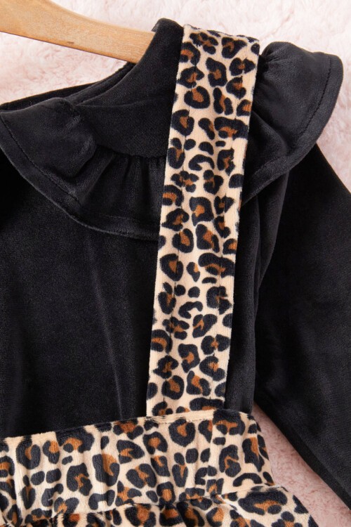 Leopar Desenli Volanlı Çocuk Kadife Salopet Elbise 16908