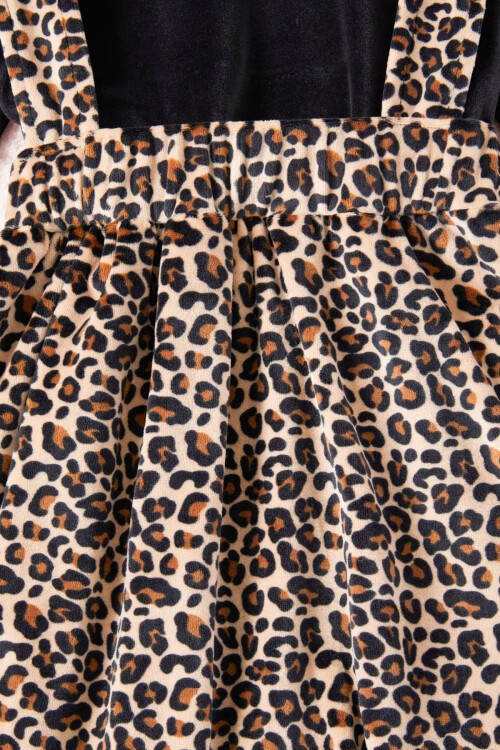 Leopar Desenli Volanlı Çocuk Kadife Salopet Elbise 16908