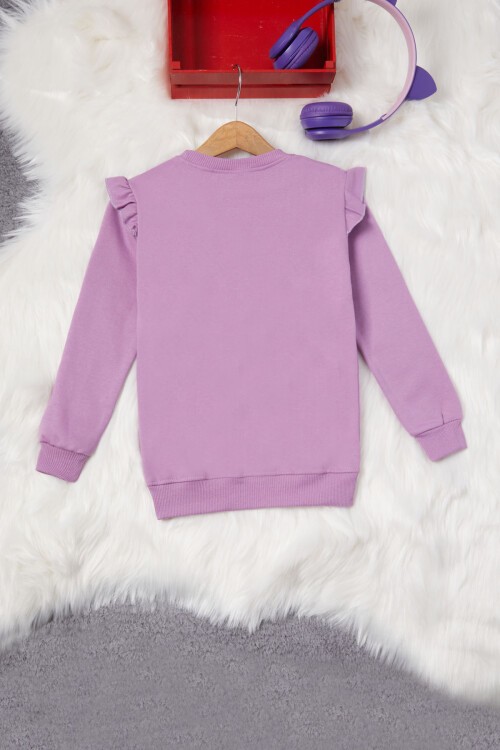 Lila Ayıcıklı Kolları Volanlı Kız Çocuk Şardonlu Sweatshirt 16981