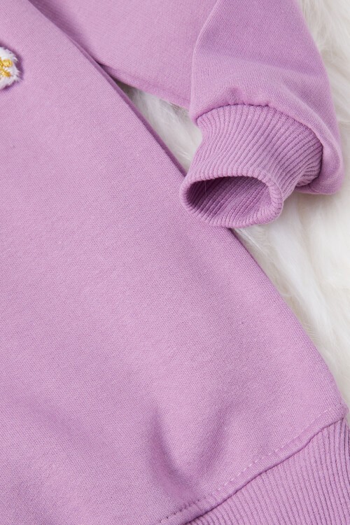 Lila Ayıcıklı Kolları Volanlı Kız Çocuk Şardonlu Sweatshirt 16981