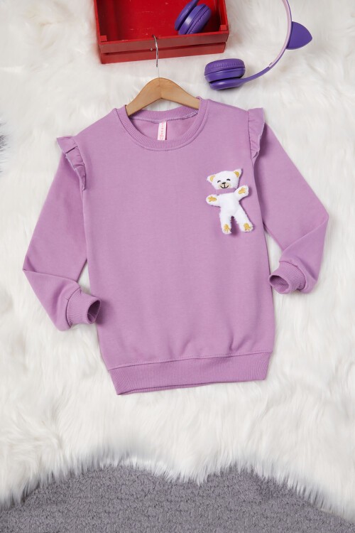 Lila Ayıcıklı Kolları Volanlı Kız Çocuk Şardonlu Sweatshirt 16981