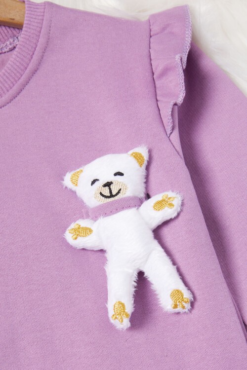 Lila Ayıcıklı Kolları Volanlı Kız Çocuk Şardonlu Sweatshirt 16981