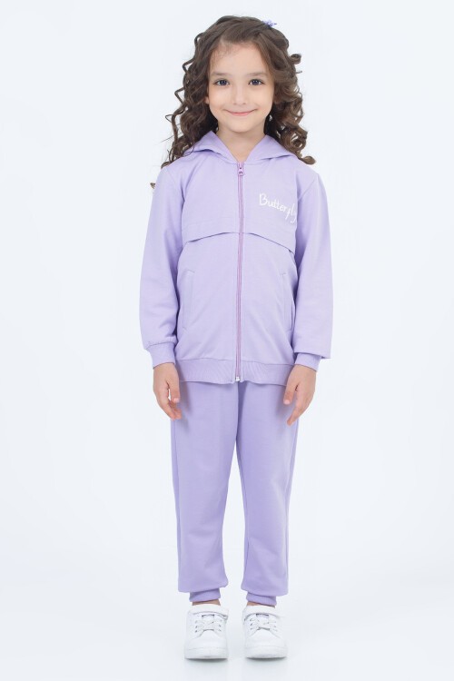 Lila Butterfly Baskı Kapşonlu Hırkalı Kız Takımı 16633