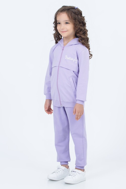 Lila Butterfly Baskı Kapşonlu Hırkalı Kız Takımı 16633