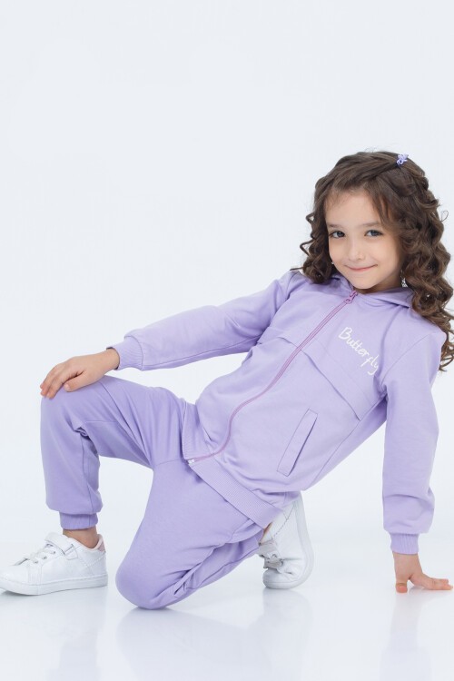 Lila Butterfly Baskı Kapşonlu Hırkalı Kız Takımı 16633