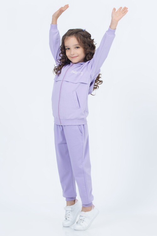 Lila Butterfly Baskı Kapşonlu Hırkalı Kız Takımı 16633