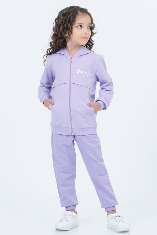 Lila Butterfly Baskı Kapşonlu Hırkalı Kız Takımı 16633