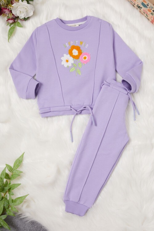 Lila Çiçek Nakışlı Kız Bebek Eşofman Takımı 17015