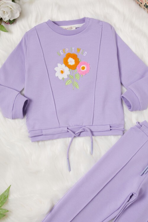 Lila Çiçek Nakışlı Kız Bebek Eşofman Takımı 17015