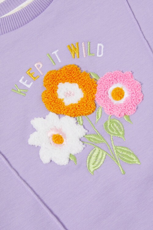 Lila Çiçek Nakışlı Kız Bebek Eşofman Takımı 17015