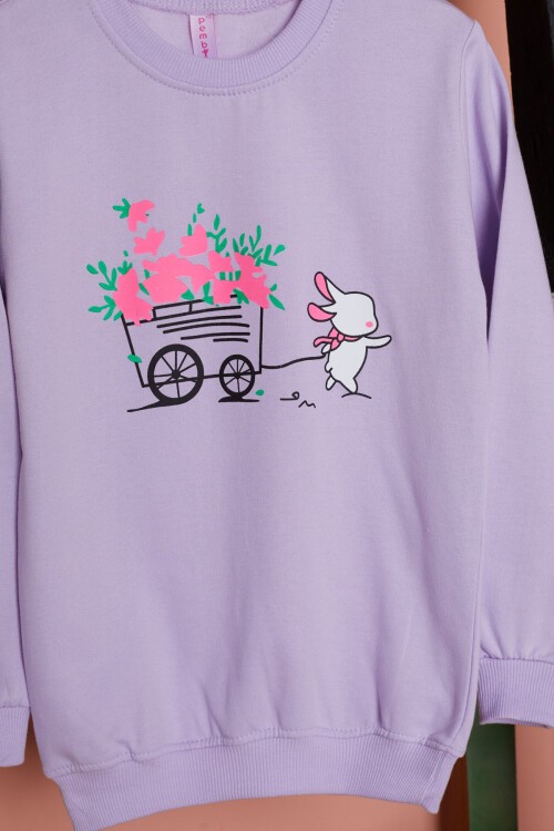 Lila Çiçekli Tavşan Baskılı Kız Çocuk Sweatshirt 17280
