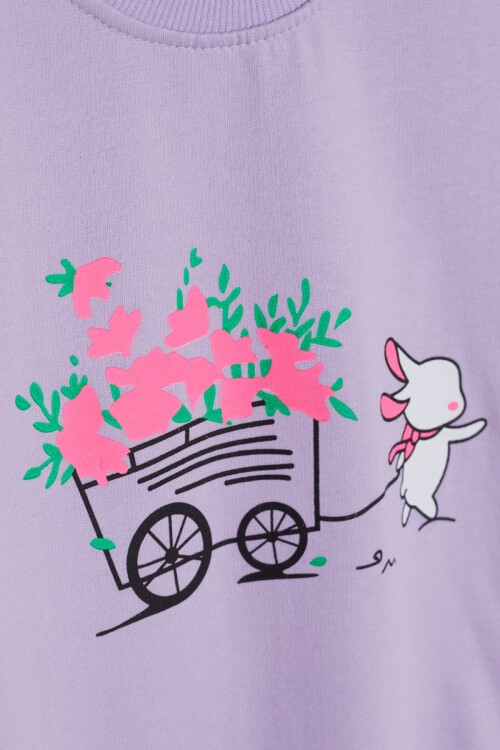 Lila Çiçekli Tavşan Baskılı Kız Çocuk Sweatshirt 17280