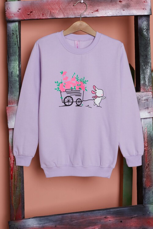 Lila Çiçekli Tavşan Baskılı Kız Çocuk Sweatshirt 17280