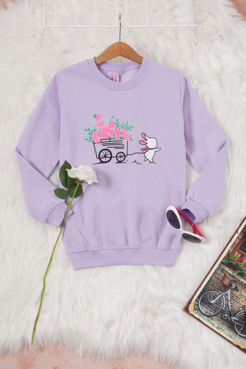 Lila Çiçekli Tavşan Baskılı Kız Çocuk Sweatshirt 17280
