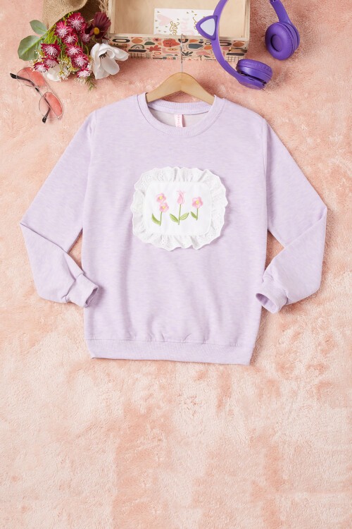 Lila Dantelli Lale Nakışlı Kız Çocuk Sweatshirt 16768