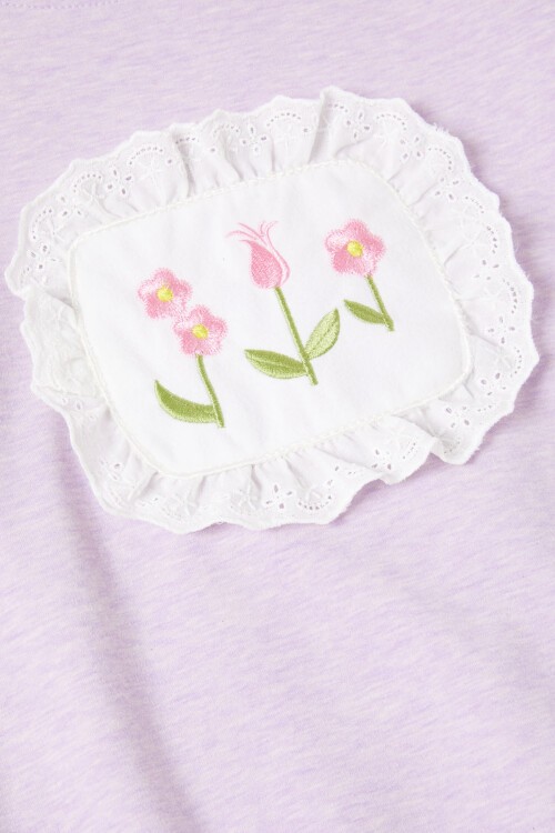 Lila Dantelli Lale Nakışlı Kız Çocuk Sweatshirt 16768