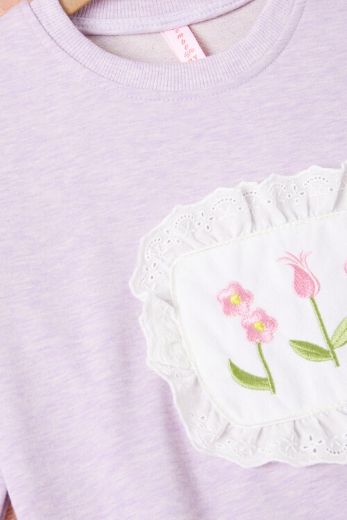 Lila Dantelli Lale Nakışlı Kız Çocuk Sweatshirt 16768