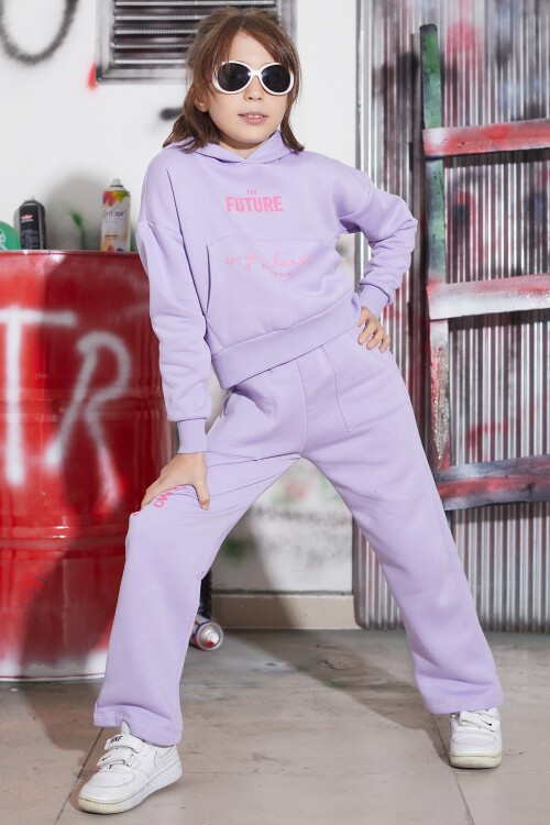Lila Future Yazılı Sırtı Baskılı Polarlı Kız Kapşonlu Eşofman Takımı 16745