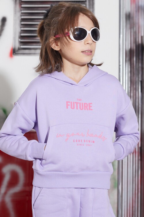 Lila Future Yazılı Sırtı Baskılı Polarlı Kız Kapşonlu Eşofman Takımı 16745