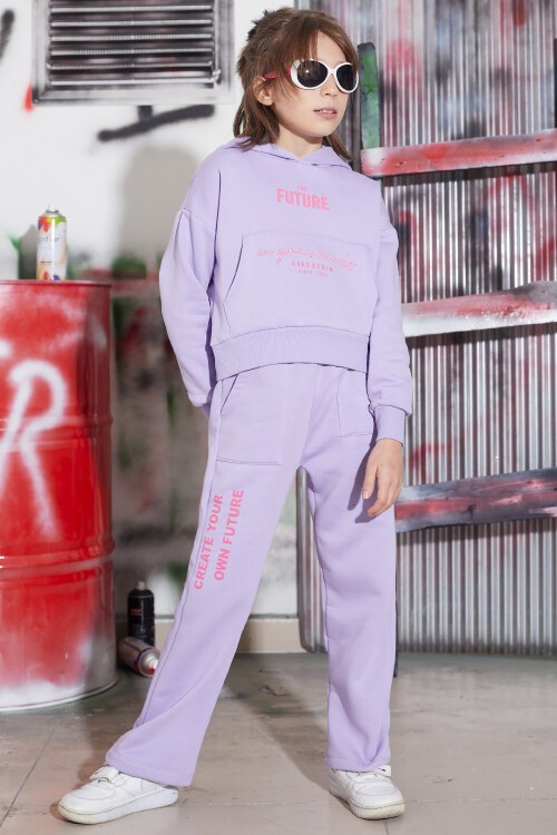 Lila Future Yazılı Sırtı Baskılı Polarlı Kız Kapşonlu Eşofman Takımı 16745