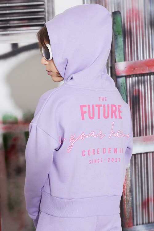 Lila Future Yazılı Sırtı Baskılı Polarlı Kız Kapşonlu Eşofman Takımı 16745