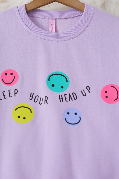 Lila Gülen Yüz Baskılı Kız Çocuk Bisiklet Yaka Sweatshirt 17284