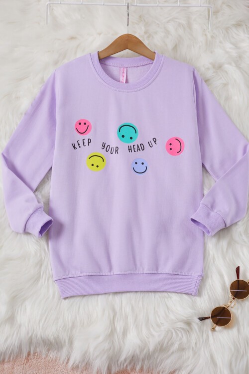 Lila Gülen Yüz Baskılı Kız Çocuk Bisiklet Yaka Sweatshirt 17284