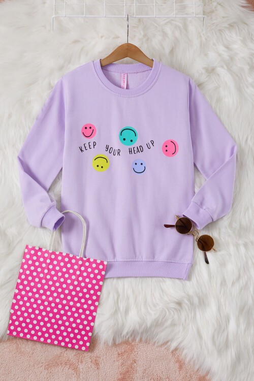 Lila Gülen Yüz Baskılı Kız Çocuk Bisiklet Yaka Sweatshirt 17284