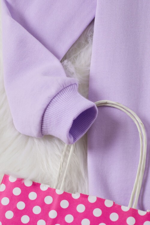 Lila Gülen Yüz Baskılı Kız Çocuk Bisiklet Yaka Sweatshirt 17284