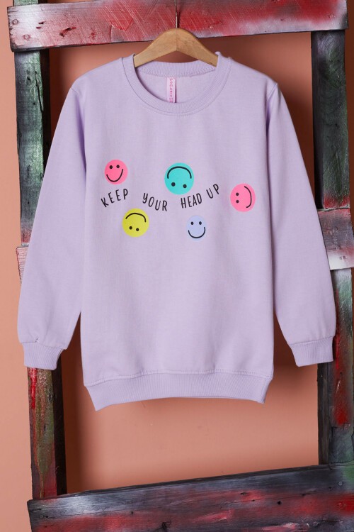 Lila Gülen Yüz Baskılı Kız Çocuk Bisiklet Yaka Sweatshirt 17284